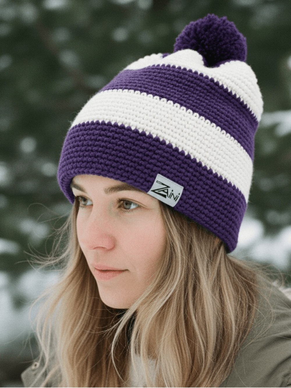 Zaini Logan Purple & Cream Striped Pom Pom Beanie hat